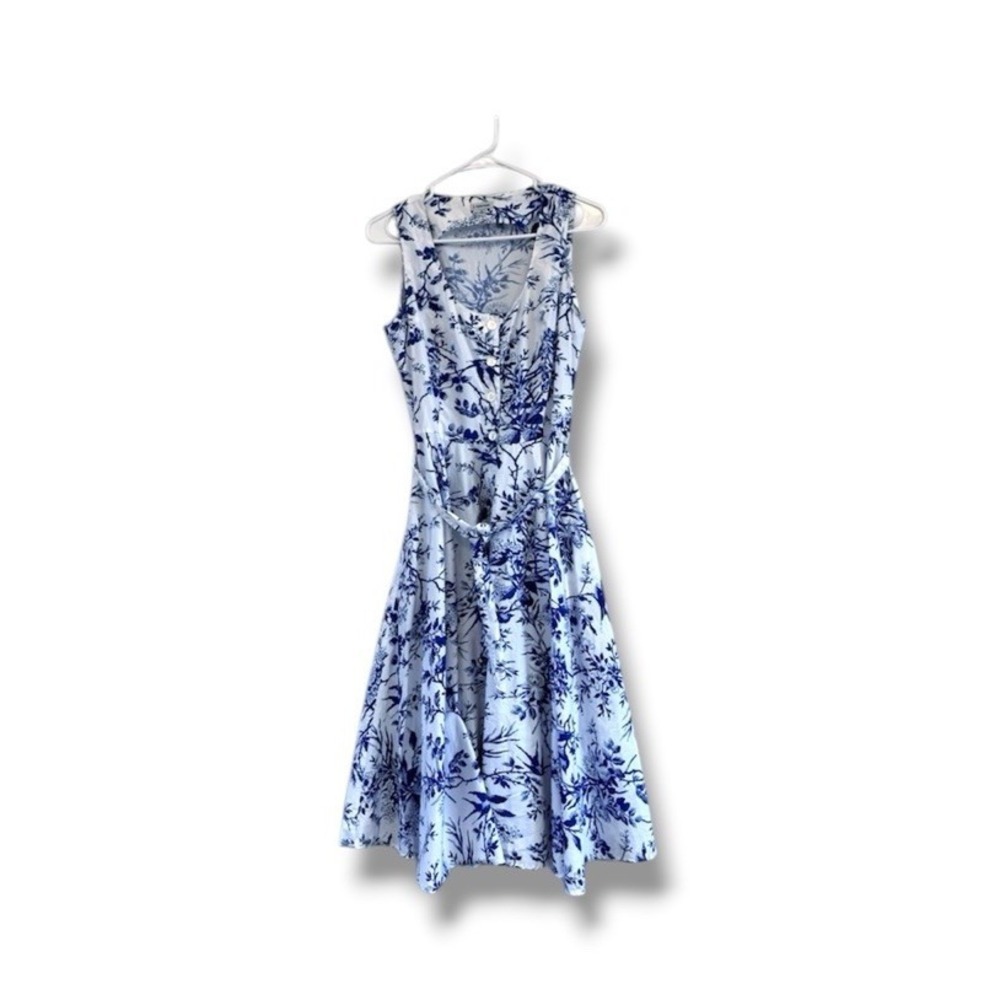 J. Peterman Toile de Jouy Sleeveless Dress Blue & White Print Dress Size 10 VTG